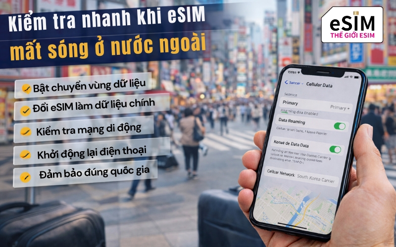 Kiểm tra nhanh các cài đặt mạng giúp khắc phục tình trạng eSIM mất sóng khi ở nước ngoài.